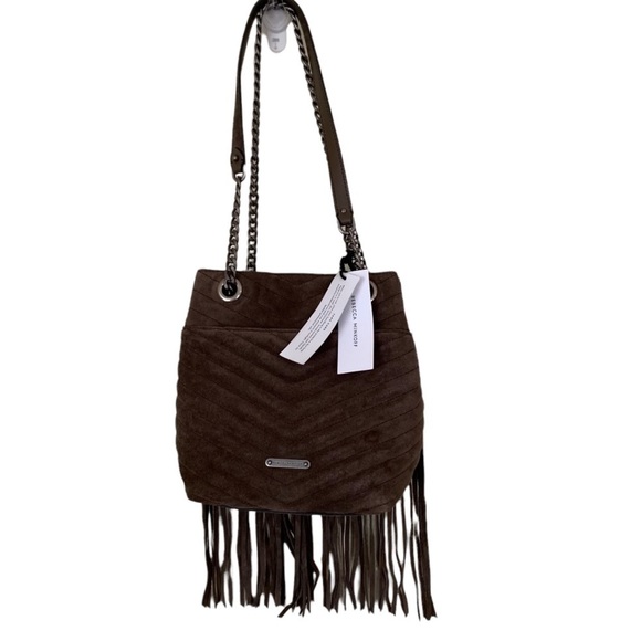 New Rebecca Minkoff Edie Fringe Quilt Suede Crossbody Bag Purse Handbag, Porcini - Picture 5 of 14